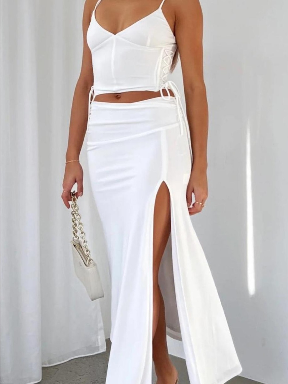 White Fox Boutique set White High-Slit Maxi Skirt with Corset-Side detail top